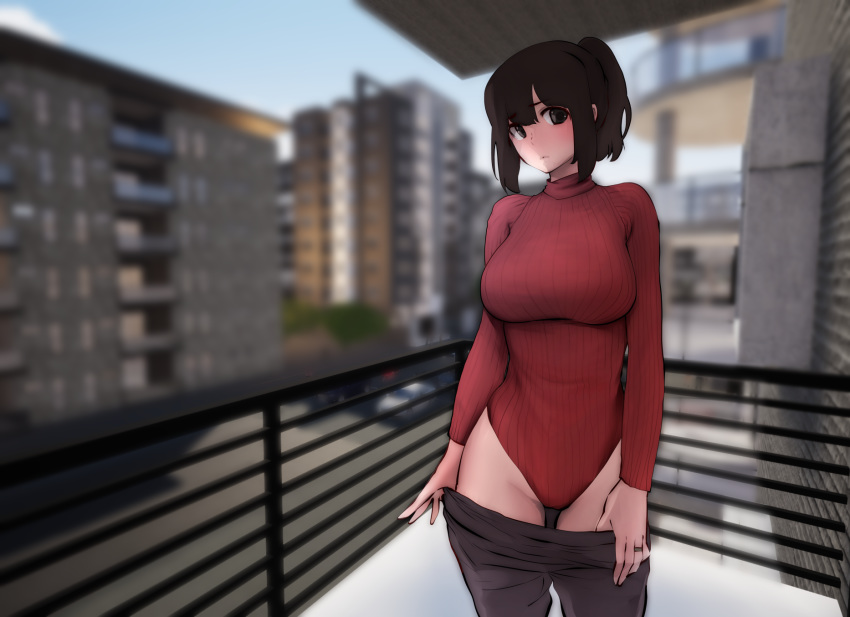 :< bad_id bad_pixiv_id balcony black_eyes black_hair blurry blurry_background blush breasts brown_pants building city closed_mouth clothes_pull cowboy_shot day depth_of_field female heattech_leotard highres impossible_clothes impossible_leotard jewelry large_breasts leotard long_sleeves looking_at_viewer mature_female meme_attire original outdoors pants pants_pull ponytail red_leotard ring short_hair sidelocks solo souryu standing undressing wedding_ring