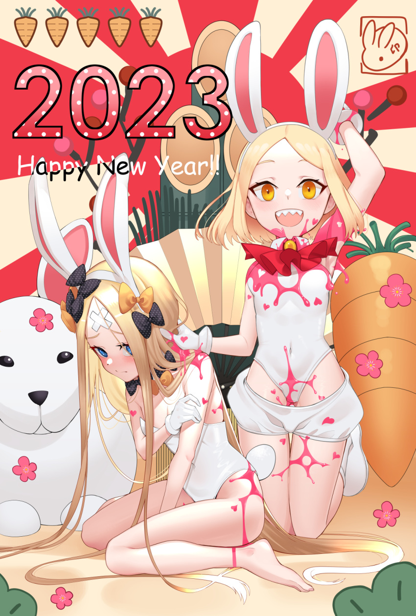 2023 2girls abigail_williams_(fate) animal_ears bare_shoulders barefoot black_bow blonde_hair blue_eyes blush bow breasts collared_leotard covered_navel crossed_bandaids fake_animal_ears fate/grand_order fate_(series) forehead gloves hairbow happy_new_year highleg highleg_leotard highres leotard long_hair looking_at_viewer multiple_girls open_mouth orange_bow paint_splatter parted_bangs paul_bunyan_(fate) paul_bunyan_(festival_outfit)_(fate) puffy_shorts rabbit_ears shiro_ami short_hair short_shorts shorts sitting small_breasts smile thighs wariza white_gloves white_leotard white_shorts yellow_eyes