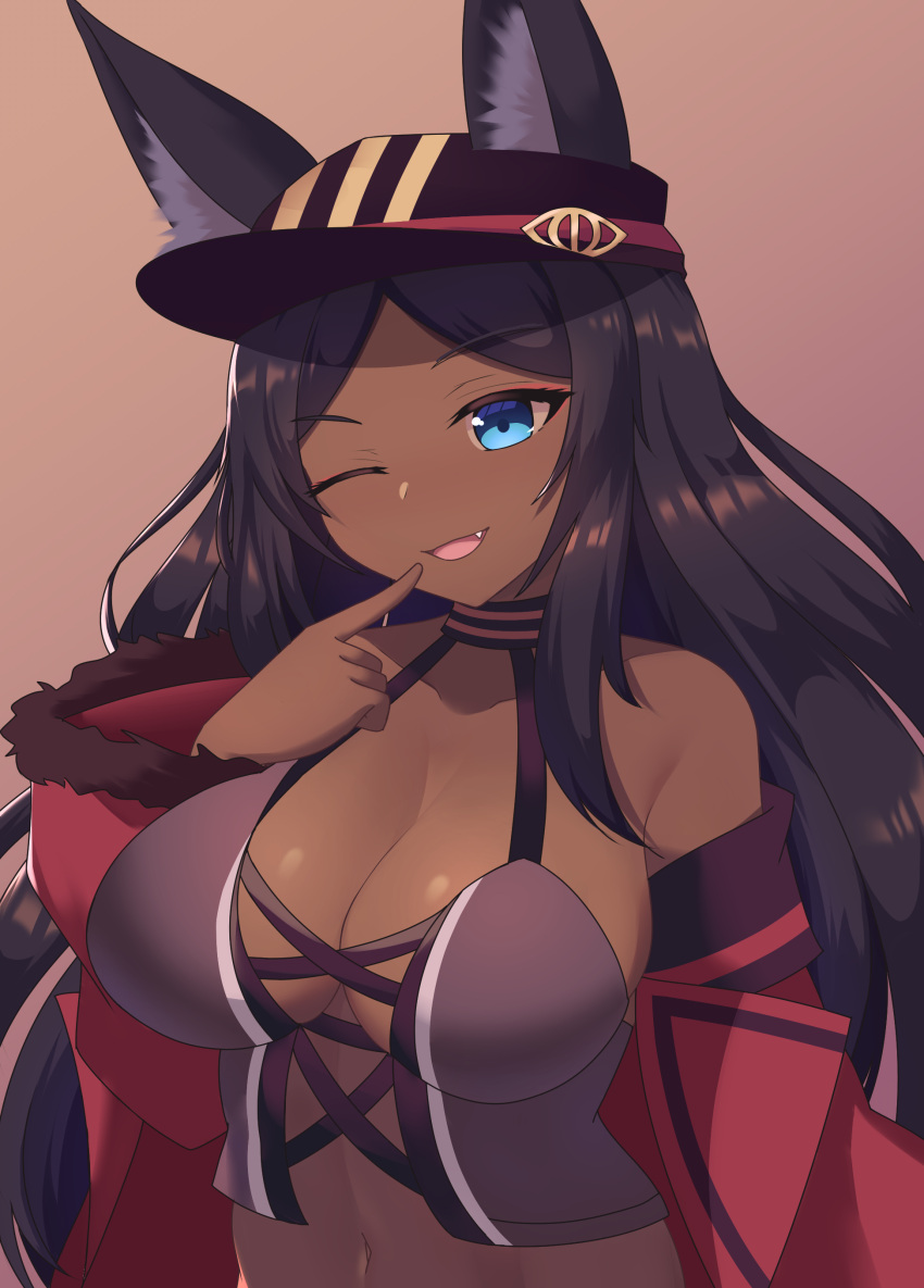 2020 absurdres animal_ears black_hair blue_eyes breasts cleavage dark-skinned_female dark_skin fate/grand_order fate_(series) female finger_to_mouth highres jifuwabe large_breasts navel oerba_yun_fang one_eye_closed parted_lips queen_of_sheba_(dollar-cent_shop)_(fate) queen_of_sheba_(fate) smile solo stomach upper_body