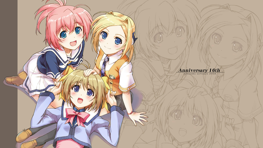 akino_takehiko bettou_izumishizuka_scarlett blonde_hair brown_hair crossover hatsushiba_ai katase_yuki mizuiro nekoneko_soft pink_hair scarlett seifuku sorairo zoom_layer