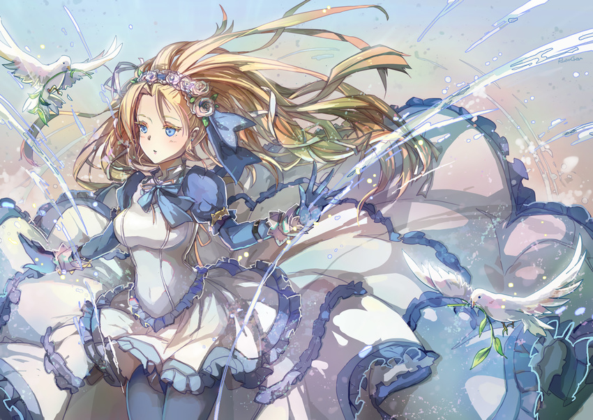 animal bird blonde_hair blue_eyes dress noah_(p&d) pantyhose puzzle_&_dragons shadowsinking