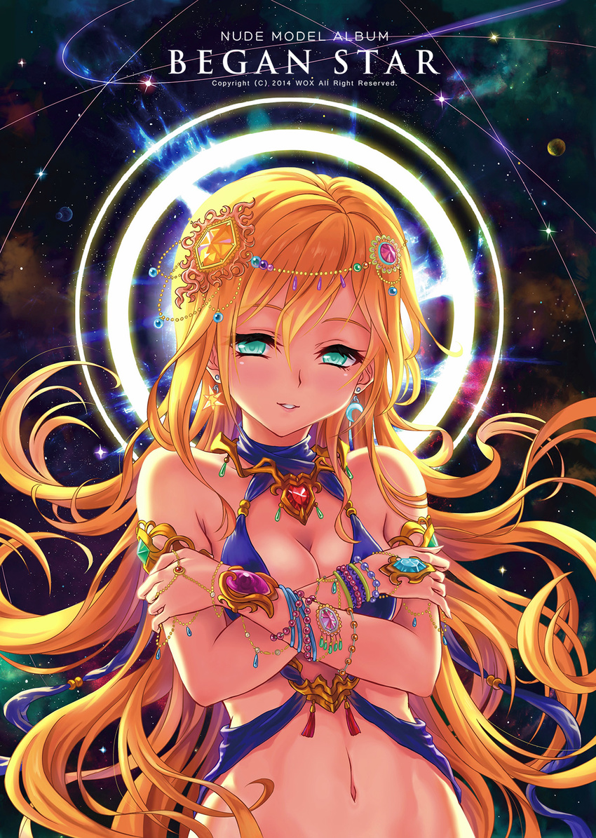 aqua_eyes armband bangle blonde_hair bracelet breasts cleavage commentary_request crescent crescent_earrings crossed_arms earrings female hair_ornament halo halo_behind_head highres jewelry long_hair medium_breasts navel necklace original photoshop_(medium) smile solo space star_(symbol) star_earrings wolksheep