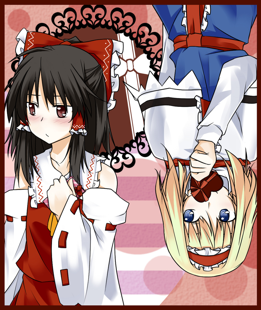 2girls alice_margatroid black_hair blonde_hair blue_eyes blush brown_eyes candy chocolate commentary_request couple fonk food hakurei_reimu heart heart-shaped_chocolate highres looking_away multiple_girls short_hair touhou upside-down yuri