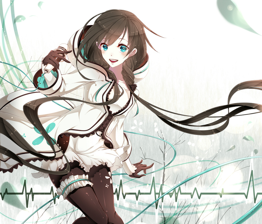 :d aqua_eyes black_pantyhose brown_hair commentary_request female holding long_hair looking_at_viewer low_twintails microphone open_mouth pantyhose phino smile solo twintails utau xia_yu_yao