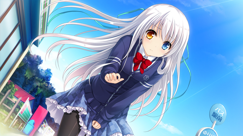 amanogawa_saya bicolored_eyes building game_cg miagete_goran_yozora_no_hoshi_wo motoi_ayumu pantyhose pulltop seifuku sky white_hair