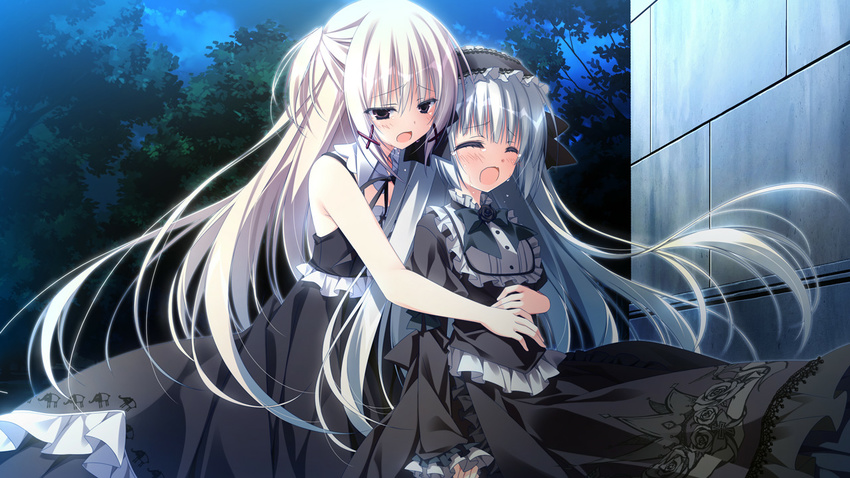 2girls building crying flowers game_cg goth-loli gray_hair headband inugami_kira long_hair natsume_shizuku night rose sakura_no_uta sui_(sakura_no_uta) tears tree white_hair