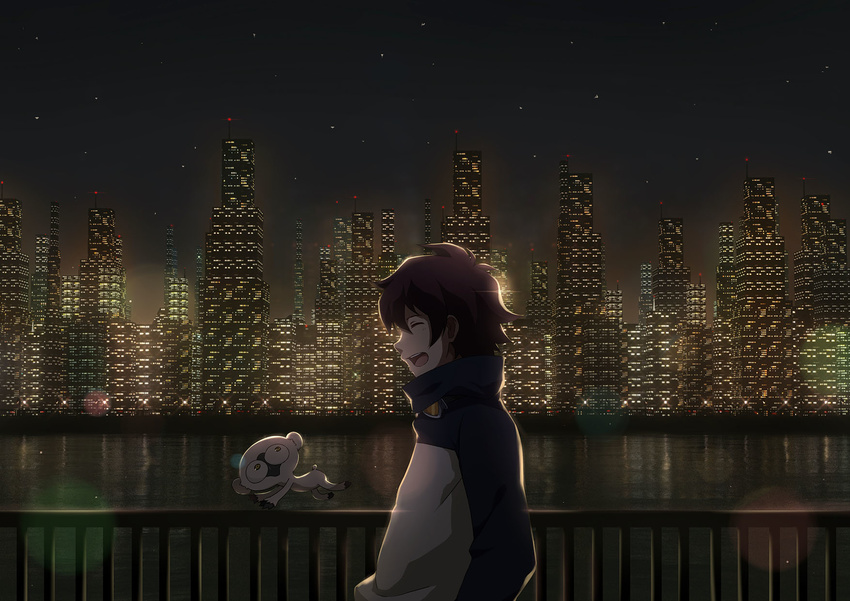 all_male animal city dark jpeg_artifacts kekkai_sensen leonardo_watch male ng_(chaoschyan) night scenic stars water