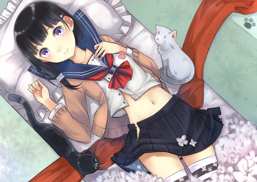 bad_id bad_pixiv_id black_hair box cardigan feline female flower frilled_pillow frills in_box in_container looking_at_viewer lying navel on_back original pillow purple_eyes revision school_uniform serafuku short_hair skirt smile solo thighhighs umasanjin white_thighhighs zettai_ryouiki