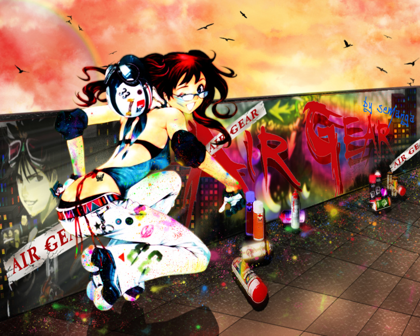 air_gear back belt bird black_panties blue_eyes bra butt_crack charm_(object) cloud female glasses gloves goggles graffiti halterneck helmet inline_skates jumping lingerie long_hair looking_back minami_itsuki non-web_source noyamano_ringo one_eye_closed oogure_ito panties pants rainbow red_hair roller_skates skates sky solo spray_paint sunset tattoo underwear