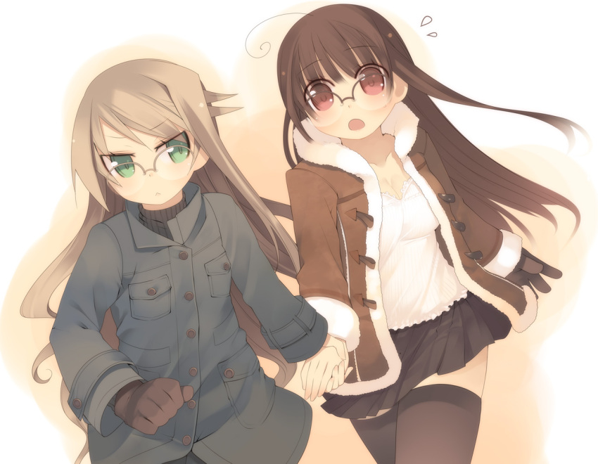 2girls :< ahoge arima_senka arima_senne bad_id bad_pixiv_id brown_eyes brown_hair coat flying_sweatdrops glasses gloves green_eyes holding_hands kashiwamochi_yomogi long_hair multiple_girls original photoshop_(medium) siblings sisters skirt thighhighs zettai_ryouiki