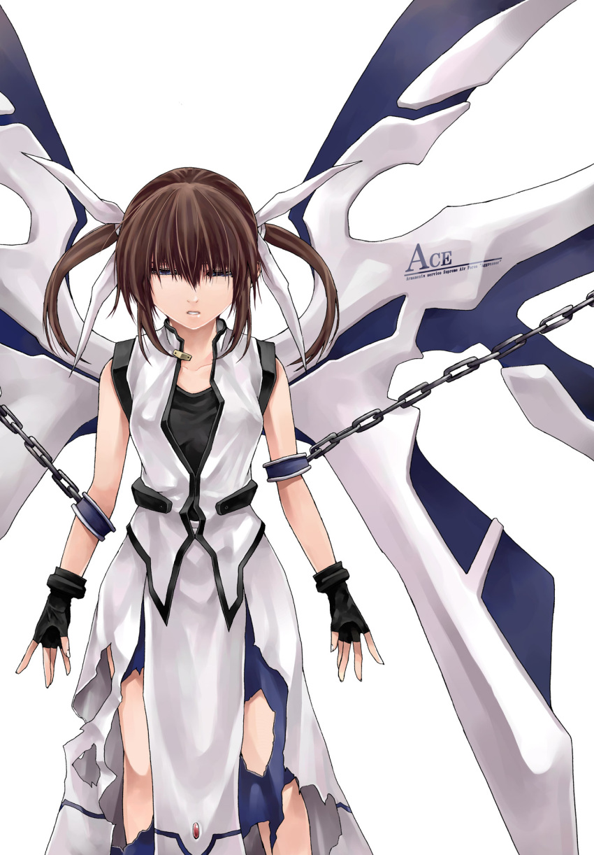 chains commentary_request female fingerless_gloves gloves highres kurokoeda lyrical_nanoha mahou_shoujo_lyrical_nanoha solo takamachi_nanoha torn_clothes wings