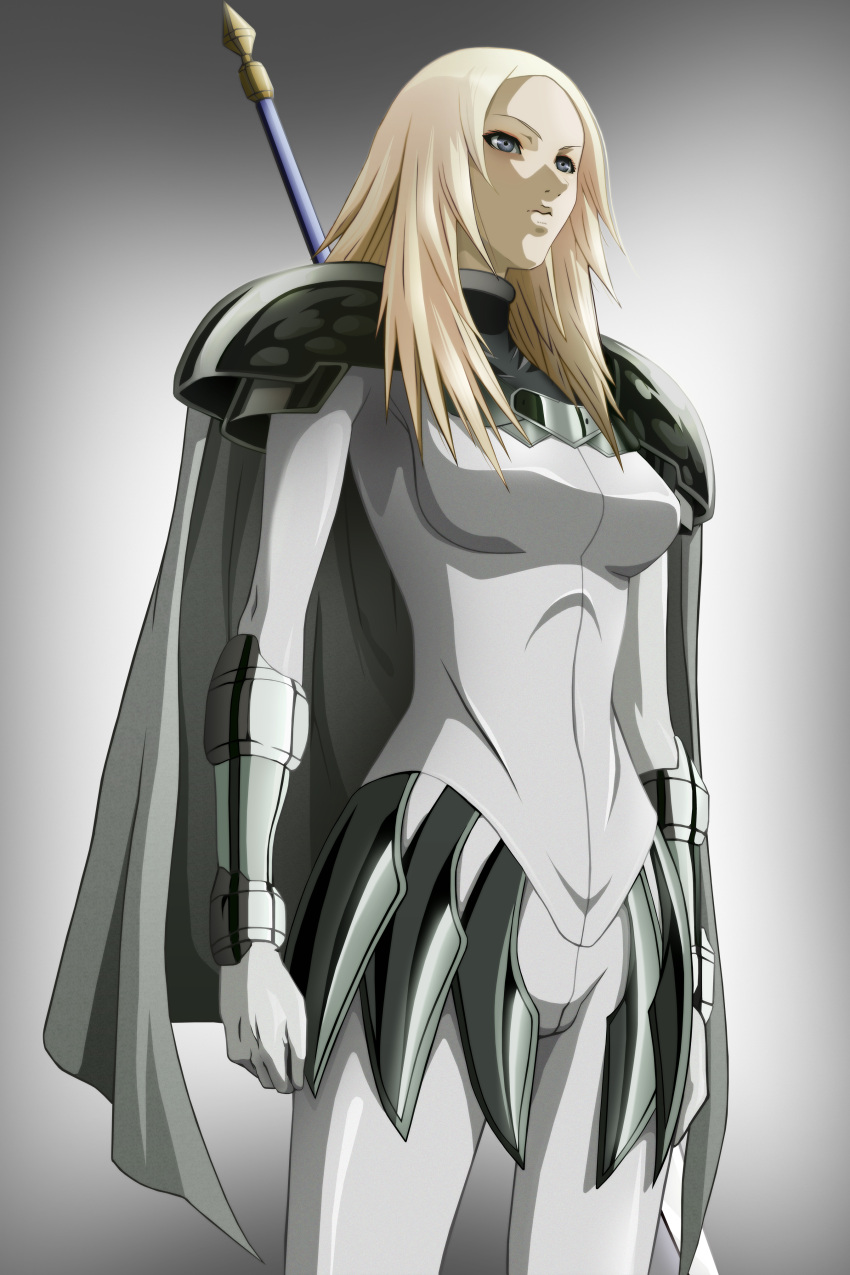 absurdres armor artist_request blonde_hair cape claymore_(series) female grey_eyes highres long_hair miria_(claymore) solo sword weapon