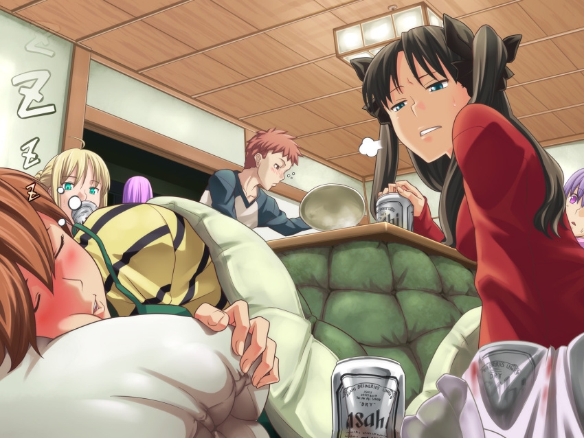 1boy 5girls alcohol artoria_pendragon_(fate) asahi_breweries beer closed_eyes drunk emiya_shirou fate/stay_night fate_(series) fujimura_taiga hands highres kotatsu long_hair lying matou_sakura medusa_(fate) medusa_(rider)_(fate) multiple_girls nazo_kichi photoshop_(medium) puff_of_air saber_(fate) sitting sleeping table tohsaka_rin two_side_up zzz