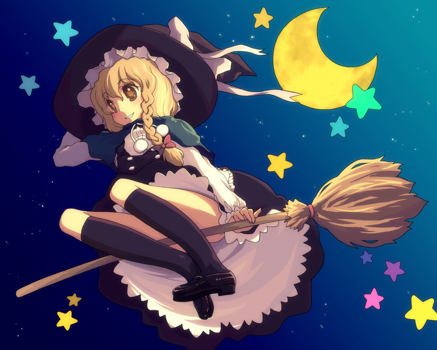 blonde_hair braid broom broom_riding brown_eyes brown_hair commentary_request female hat kimarin kirisame_marisa moon night partial_commentary sidesaddle sky socks solo star_(symbol) touhou witch_hat