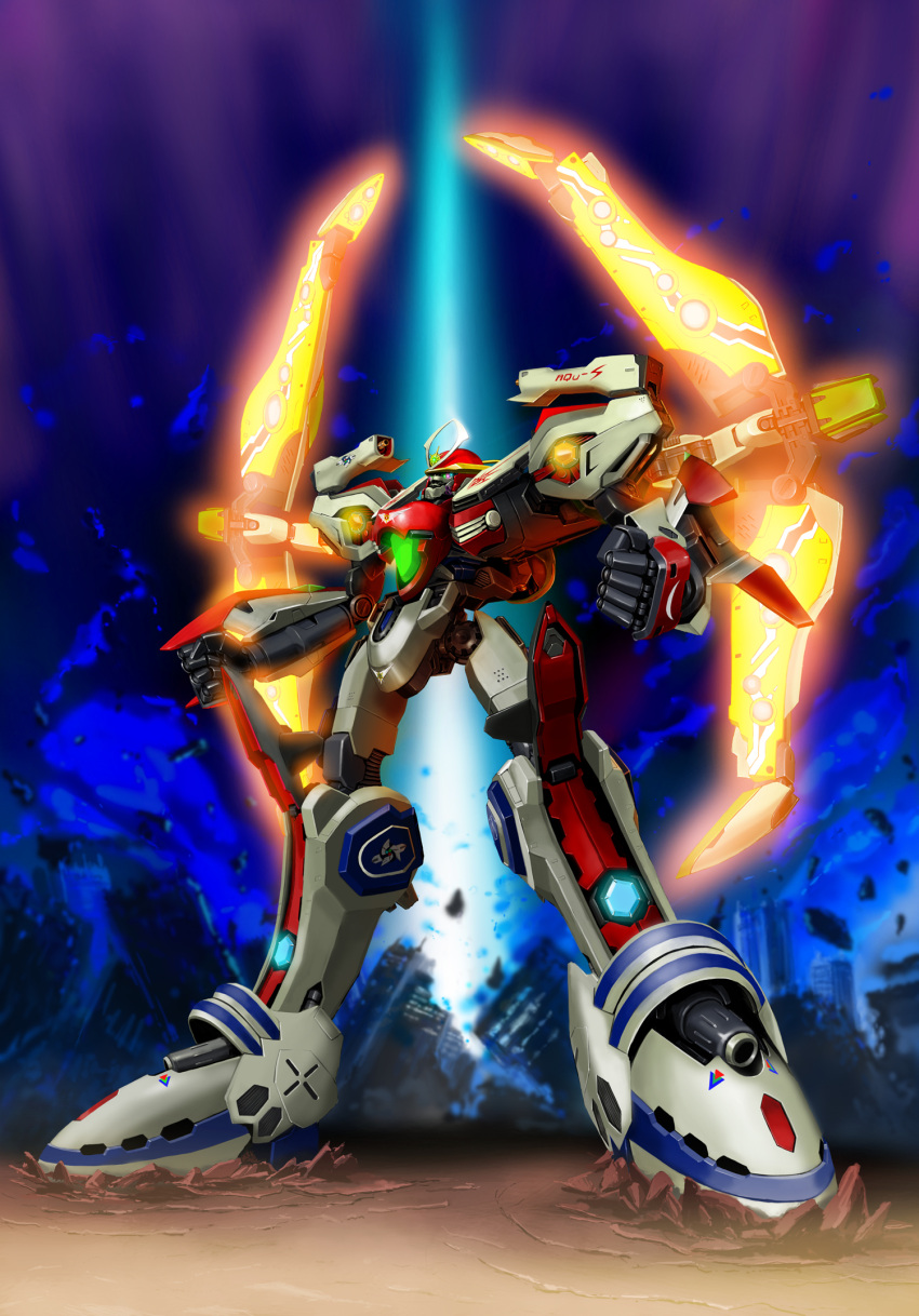 aquakurow aquarion_(series) armor bow city commentary_request full_body glowing glowing_weapon highres mecha no_humans outdoors photoshop_(medium) robot rock rubble ruins solar_aquarion sousei_no_aquarion standing super_robot weapon