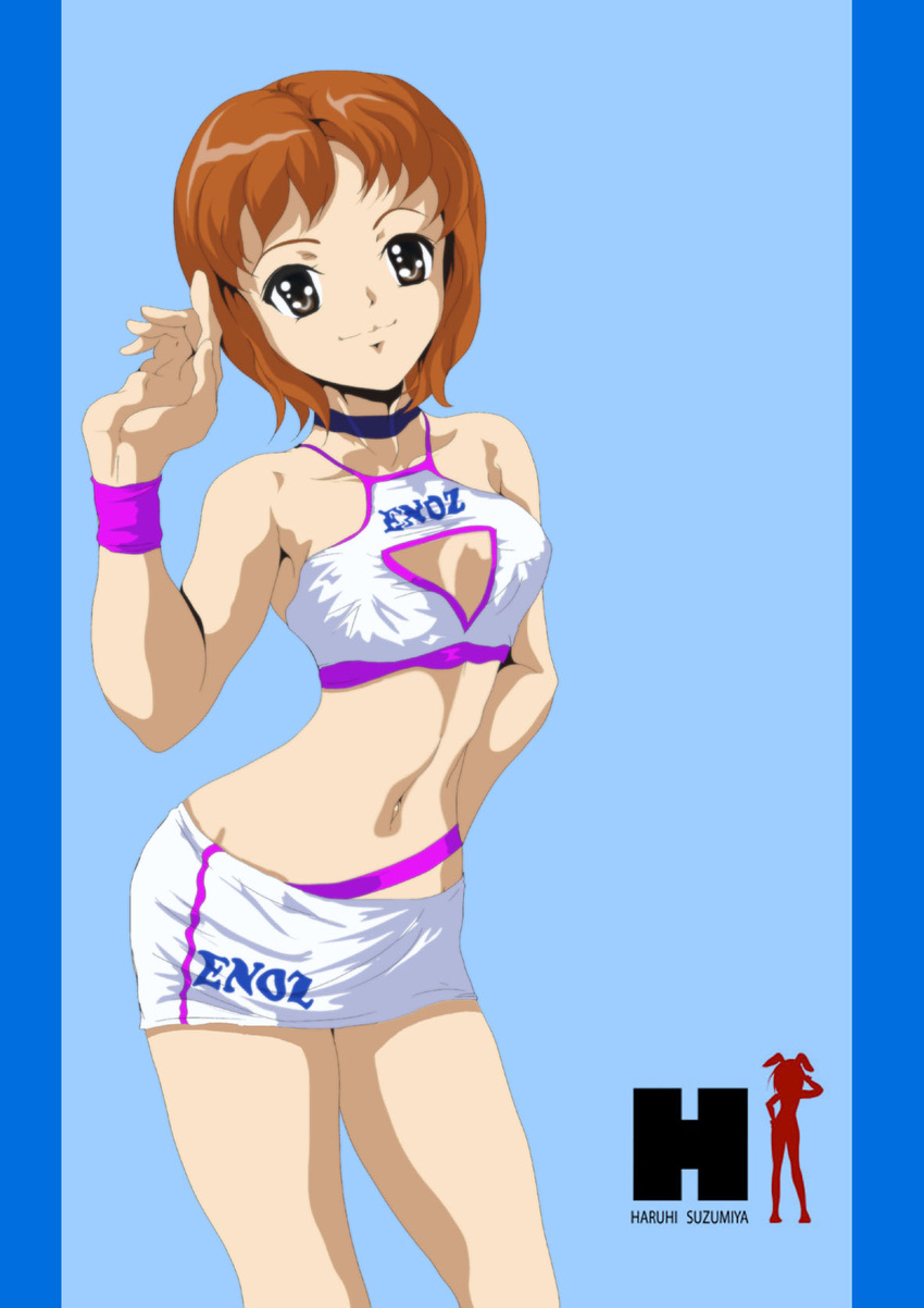 brown_eyes brown_hair choker cleavage_cutout clothing_cutout enoz female h highres imageboard_desourced midriff nanashi_noiji non-web_source okajima_mizuki photoshop_(medium) race_queen short_hair solo suzumiya_haruhi_no_yuuutsu