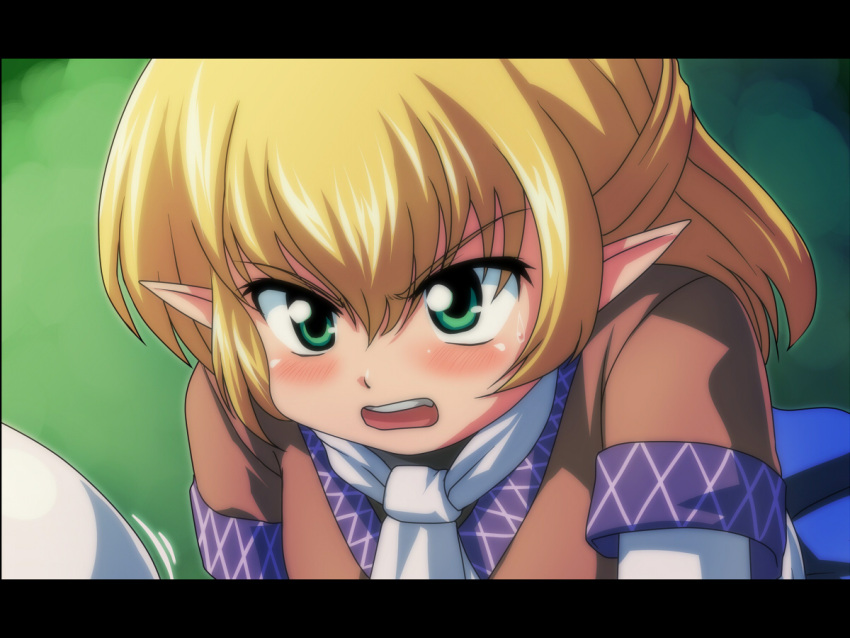 anime_coloring annoyed blonde_hair blush breast_envy close-up commentary_request fake_screenshot female green_eyes half_updo letterboxed mizuhashi_parsee open_mouth pointy_ears short_hair solo tdk touhou