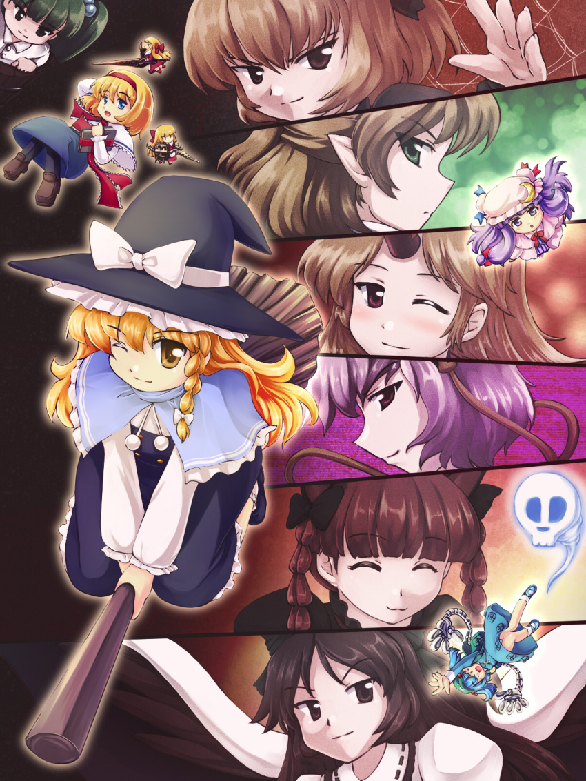 6+girls :3 alice_margatroid blonde_hair braid bucket capelet closed_eyes commentary_request highres horns hoshiguma_yuugi in_bucket in_container kaenbyou_rin kawashiro_nitori kirisame_marisa kisume komeiji_satori kurodani_yamame mizuhashi_parsee multiple_girls one_eye_closed patchouli_knowledge pointy_ears pom_pom_(clothes) reiuji_utsuho side_braid single_horn subterranean_animism tdk touhou twin_braids