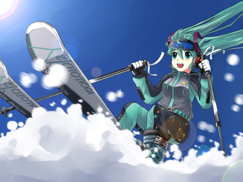 absurdres aqua_eyes aqua_hair bad_id bad_pixiv_id female hatsune_miku headset highres long_hair majicjiang photoshop_(medium) skiing skis snow solo twintails vocaloid