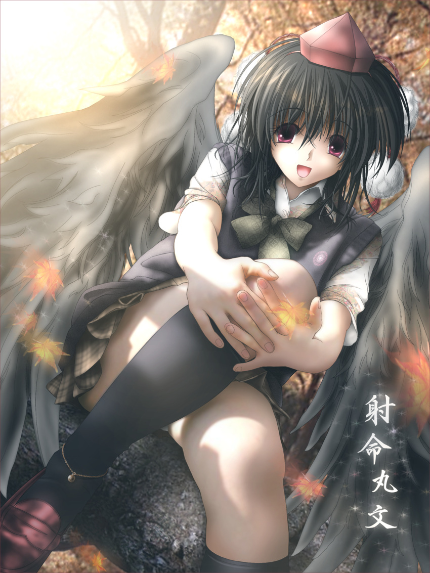 anklet autumn black_hair black_socks black_wings commentary_request female gisarme hat highres jewelry kneehighs leaf looking_at_viewer open_mouth red_eyes shameimaru_aya shoes sitting skirt socks solo touhou wings