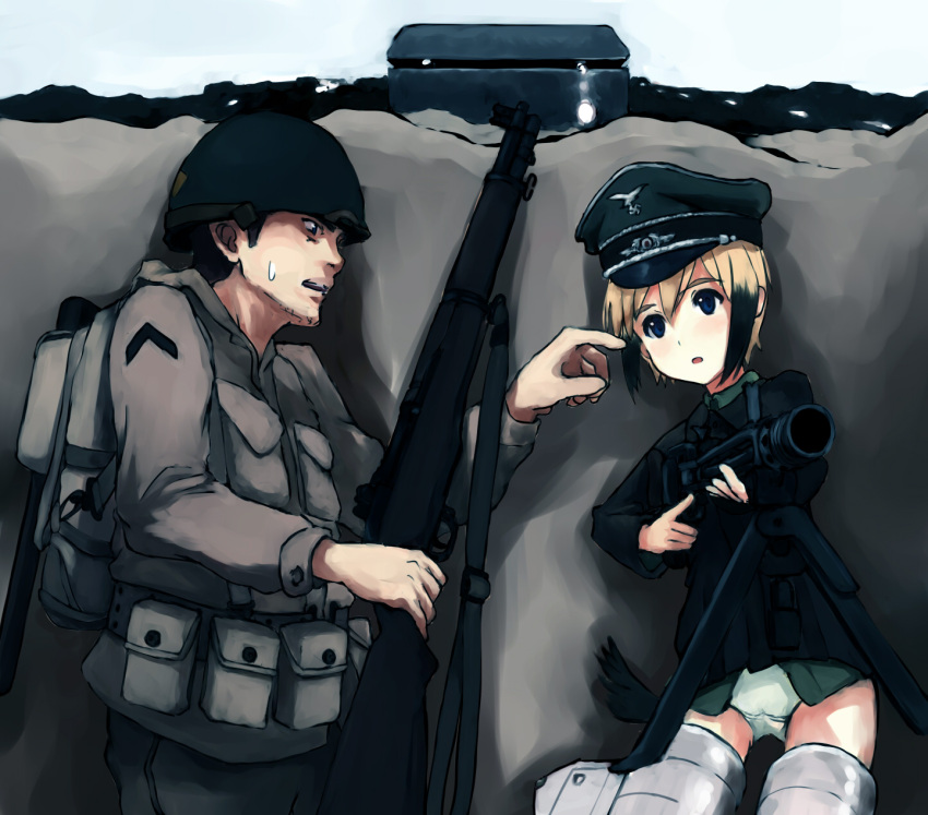 1boy bad_id bad_pixiv_id blonde_hair blue_eyes bunker erica_hartmann female gun hat helmet highres holding holding_gun holding_weapon m1_garand military military_uniform multicolored_hair no_pants outdoors panties peaked_cap rifle shibafu_(glock23) short_hair soldier strike_witches striker_unit sweat taking_cover trench trigger_discipline two-tone_hair underwear uniform weapon world_witches_series