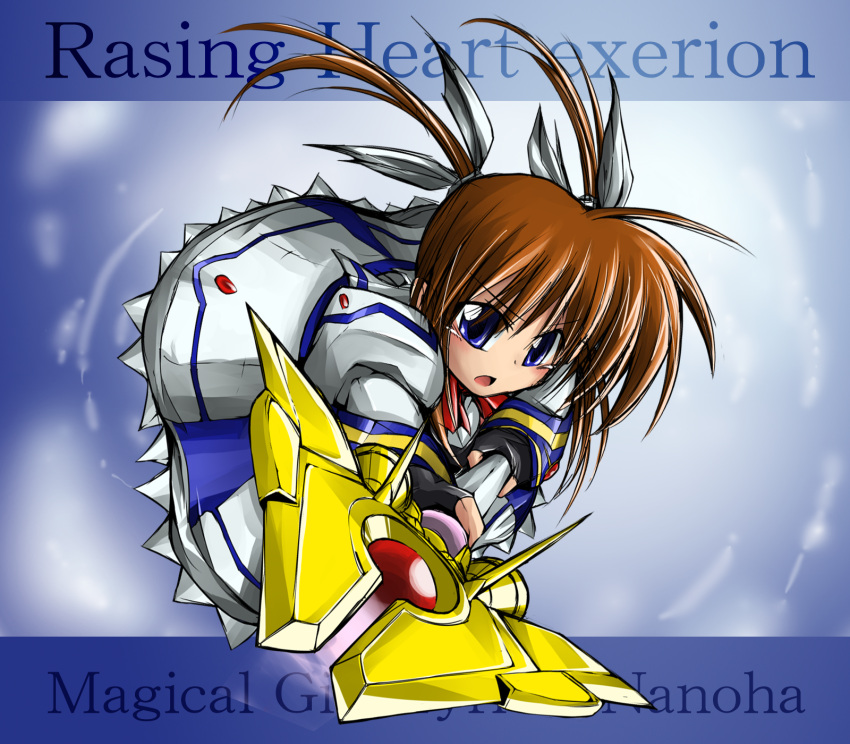 bibi02 brown_hair commentary_request female fingerless_gloves gloves hair_ribbon highres lyrical_nanoha magical_girl mahou_shoujo_lyrical_nanoha purple_eyes raising_heart raising_heart_(exelion_mode) ribbon solo takamachi_nanoha takamachi_nanoha_(sacred_mode) twintails uniform