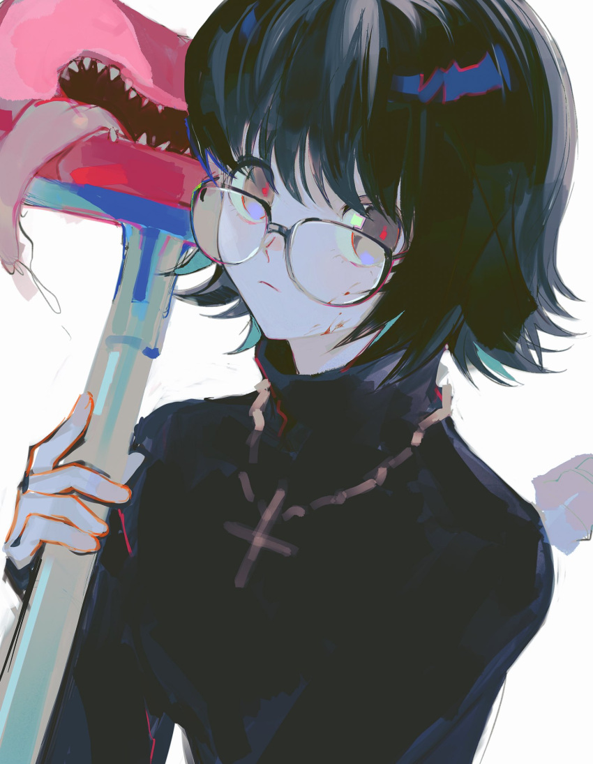 black_hair black_sweater blinky_(hunter_x_hunter) blood blood_on_face closed_mouth cross cross_necklace female glasses highres holding hunter_x_hunter jewelry long_sleeves looking_at_viewer necklace nima_(nimamann) red_pupils saliva shizuku_murasaki short_hair simple_background sweater tongue upper_body vacuum_cleaner white_background