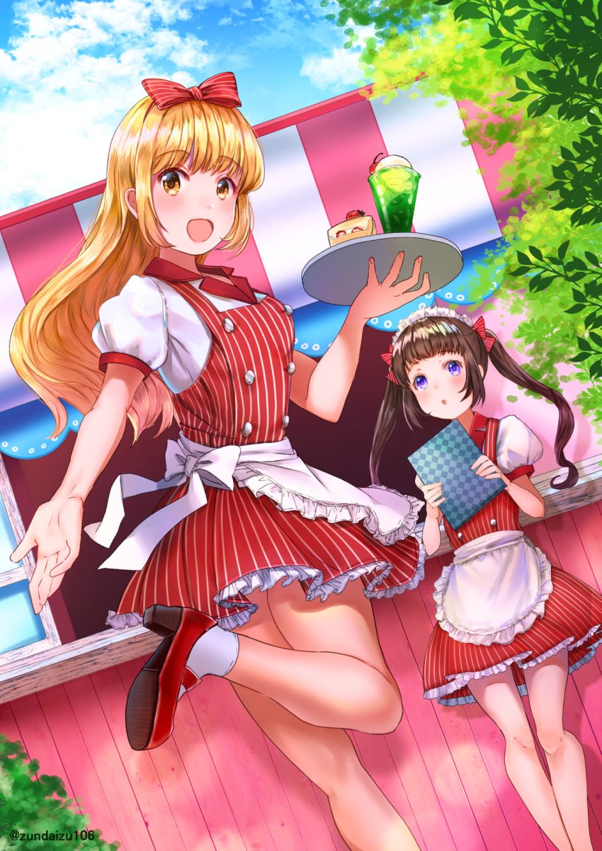 2girls :o blonde_hair brown_hair cake commentary_request drink food highres holding holding_tray leg_up long_hair multiple_girls open_mouth original red_footwear soramame_tomu standing tray twintails waitress white_legwear