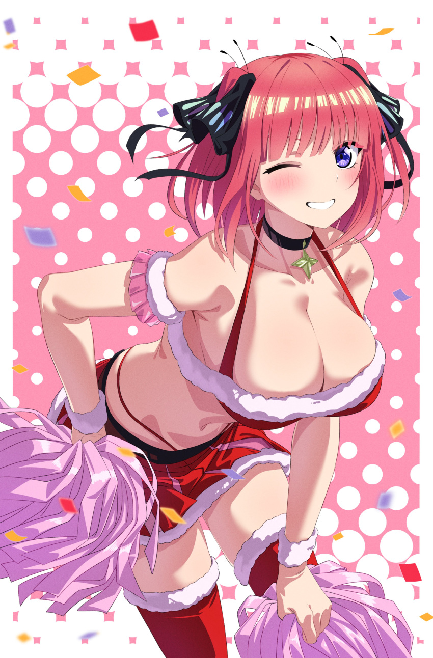 absurdres black_ribbon blush breasts butterfly_hair_ornament cheerleader cleavage commentary confetti crop_top female fur_trim go-toubun_no_hanayome hair_ornament hair_ribbon highres holding holding_pom_poms large_breasts looking_at_viewer midriff miniskirt multi-strapped_panties nakano_nino navel one_eye_closed pink_hair pom_pom_(cheerleading) purple_eyes ribbon sekitsuki_hayato short_hair skirt smile