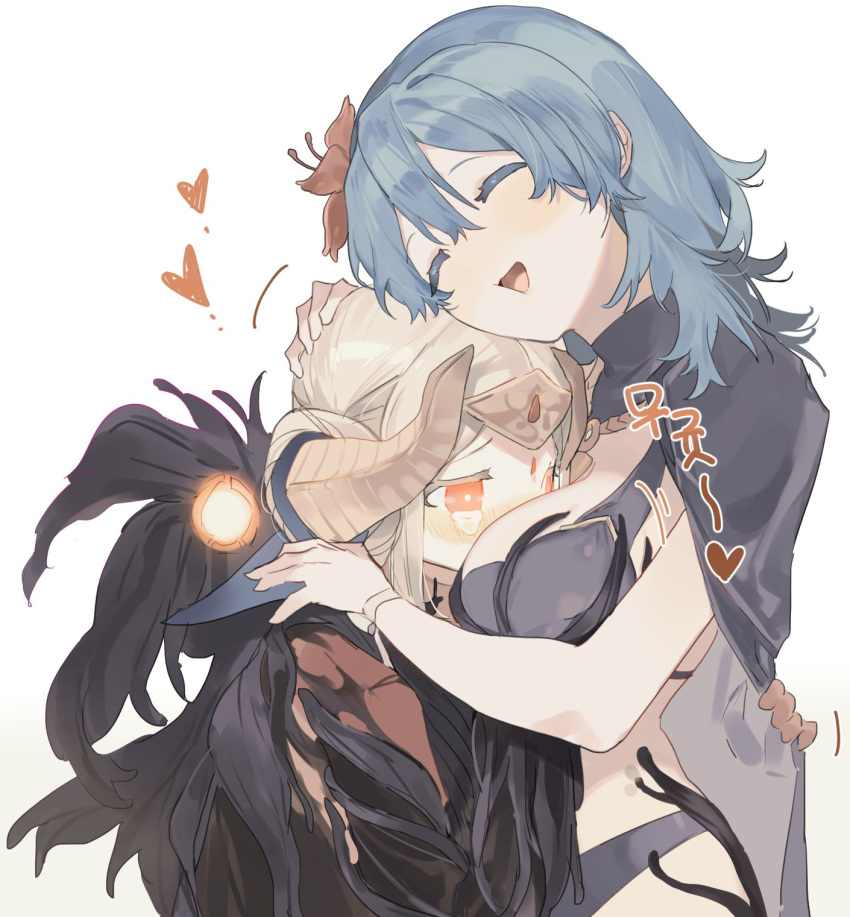 2girls alternate_costume bad_id bad_twitter_id bikini black_bikini blue_hair blush breast_smother breasts byleth_(female)_(fire_emblem) byleth_(female)_(summer)_(fire_emblem) byleth_(fire_emblem) closed_eyes closed_mouth comforting commentary_request edelgard_von_hresvelg edelgard_von_hresvelg_(hegemon_husk) face_to_breasts fire_emblem fire_emblem:_three_houses fire_emblem_heroes flower gloves hair_flower hair_ornament highres horns hug korean_commentary korean_text large_breasts long_hair long_sleeves medium_hair meunhongcha monster_girl multiple_girls official_alternate_costume open_mouth petting red_eyes red_flower simple_background smile swimsuit tears yuri