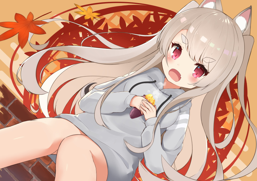 absurdres animal_ear_fluff animal_ears autumn autumn_leaves azur_lane bare_legs blush breasts brick_wall commentary_request dog_ears drawstring feet_out_of_frame female food grey_hair highres holding holding_food large_breasts long_hair long_sleeves looking_at_viewer oerba_yun_fang open_mouth orange_background red_eyes short_eyebrows sidelocks sitting skin_fang solo sweater sweet_potato swept_bangs thick_eyebrows two_side_up yomogi_uehara yuudachi_(azur_lane)