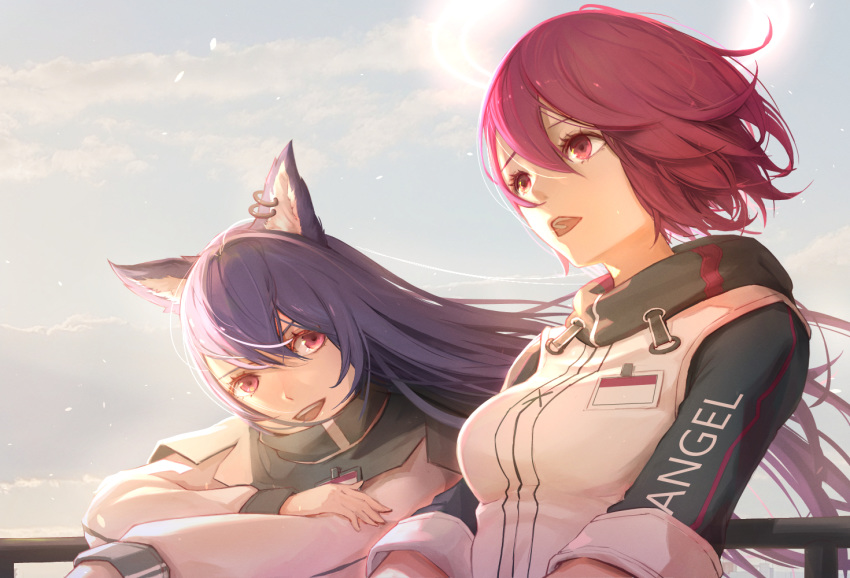 2girls :d animal_ears arknights breasts commentary_request earrings exusiai_(arknights) hair_between_eyes jacket jewelry long_hair long_sleeves looking_at_viewer multiple_girls open_mouth outdoors pink_eyes pink_hair purple_hair raglan_sleeves short_hair small_breasts smile tenshin_kagehisa texas_(arknights) upper_body white_jacket wolf_ears