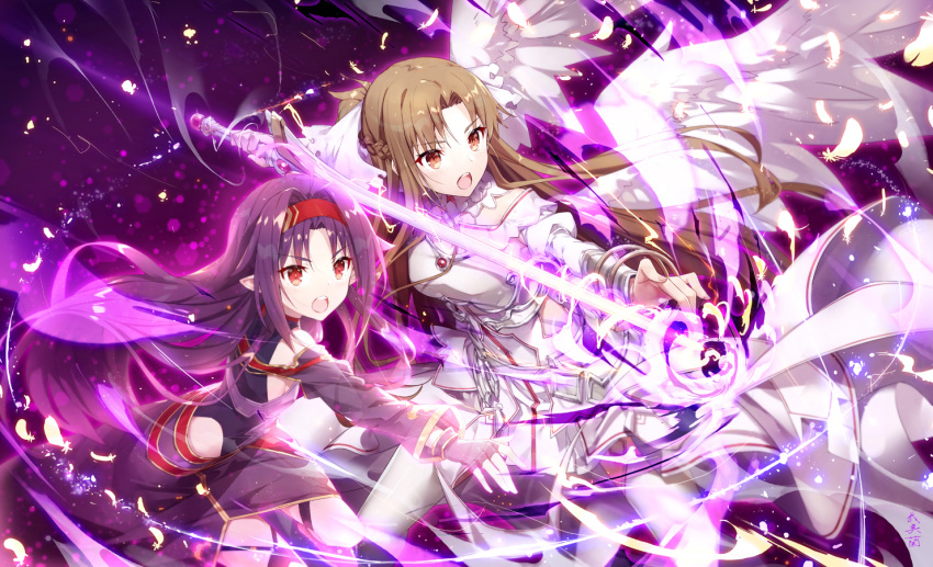 2girls action ahoge angel_wings armor armored_dress asuna_(sao) asuna_(stacia) attack bare_shoulders battle black_dress black_gloves black_leotard black_sleeves blush braid breastplate brown_eyes brown_hair commentary_request detached_sleeves dress energy feathered_wings feathers feet_out_of_frame fighting_stance fingerless_gloves gabiran gloves glowing glowing_feather glowing_sword glowing_weapon hairband hand_up hip_armor holding holding_sword holding_weapon leotard long_hair long_sleeves looking_away magic multiple_girls open_mouth outstretched_arm outstretched_arms parted_bangs pointy_ears purple_armor purple_hair radiant_light rapier red_eyes red_hairband sleeveless sleeveless_dress sword sword_art_online sword_art_online:_alicization sword_art_online:_alicization_-_war_of_underworld teeth thighhighs thighs tongue unsheathed upper_teeth_only very_long_hair weapon white_armor white_dress white_feathers white_thighhighs white_wings wings yuuki_(sao)