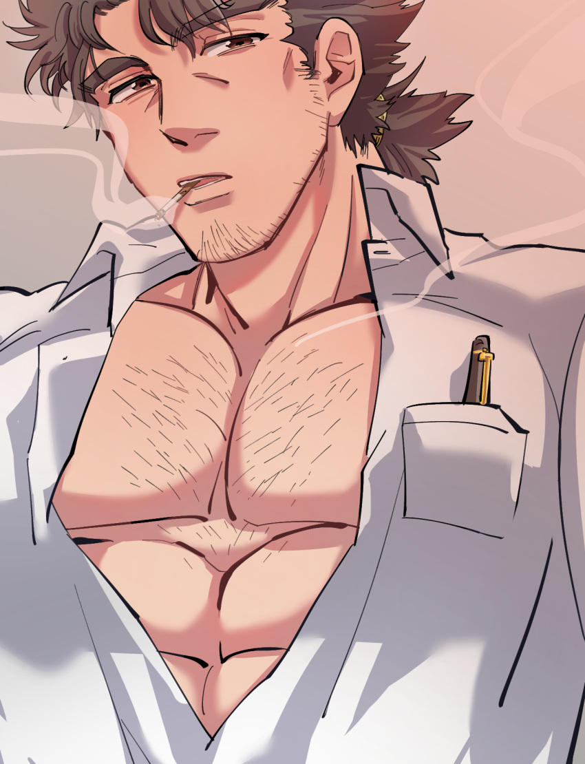 1boy bara brown_hair chest_hair collared_shirt facial_hair goatee highres long_sideburns male_focus mature_male mononobe_kyoma muscular muscular_male partially_unbuttoned pectoral_cleavage pectoral_focus pectorals pencil shirt short_hair sideburns solo stubble thick_eyebrows tied_hair tokyo_afterschool_summoners upper_body zaoanjisi