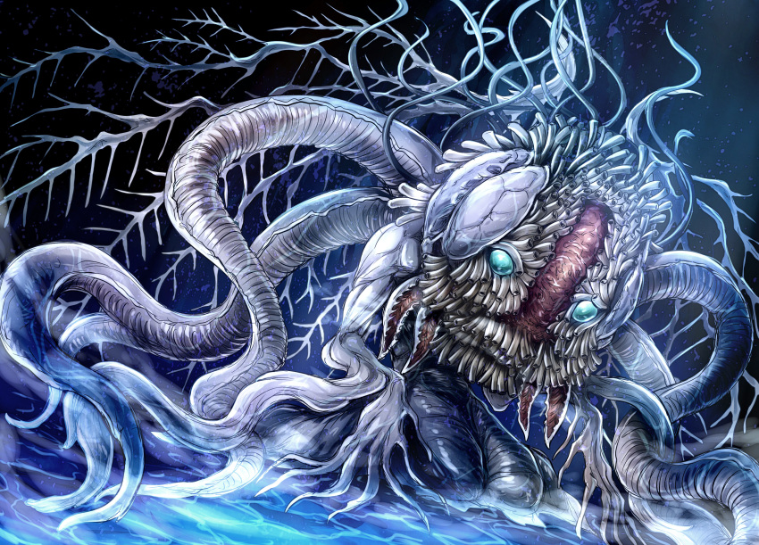 absurdres alien bloodborne blue_eyes commentary_request ebrietas_daughter_of_the_cosmos eldritch_abomination extra_arms highres monster no_humans photoshop_(medium) sharp_teeth skeletal_wings slug solo teeth uro_(uroboros) water wings