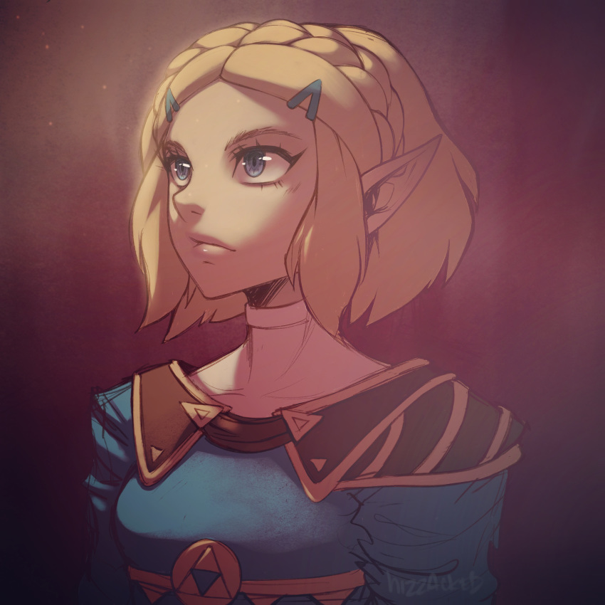 blonde_hair blue_eyes blue_tunic braid breasts commentary crown_braid english_commentary female forehead hair_ornament hairclip highres hizzacked lips long_pointy_ears looking_up parted_bangs pointy_ears princess_zelda short_hair shoulder_pads sidelocks small_breasts solo the_legend_of_zelda the_legend_of_zelda:_tears_of_the_kingdom thick_eyebrows upper_body