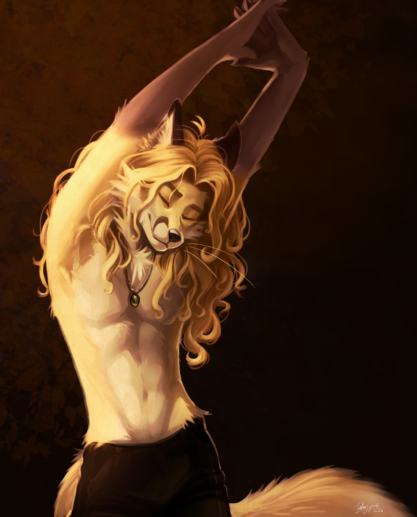 2023 absurd_res anthro blonde_hair canid canine clothed clothing digital_media_(artwork) digital_painting_(artwork) edgar_vladilisitsa fox fur greyscale hair hi_res jewelry male mammal monochrome pendant signature simple_background solo stretching tail tatujapa topless topless_anthro topless_male v-cut yellow_body yellow_fur yellow_tail