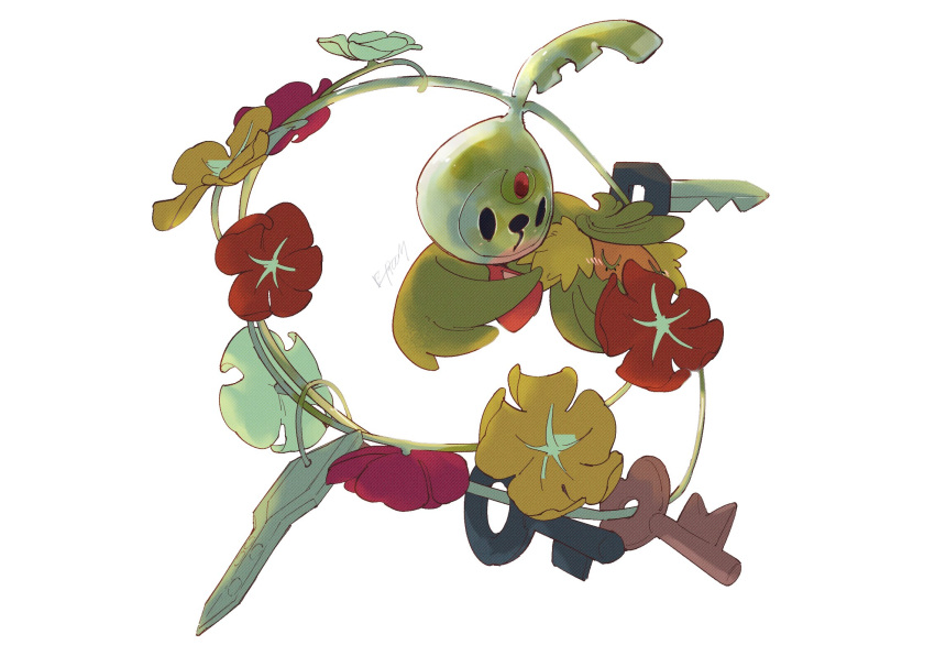 0_ici_0 bad_id bad_twitter_id closed_eyes comfey flower highres key klefki no_humans pokemon pokemon_(creature) red_flower signature simple_background white_background white_flower yellow_flower