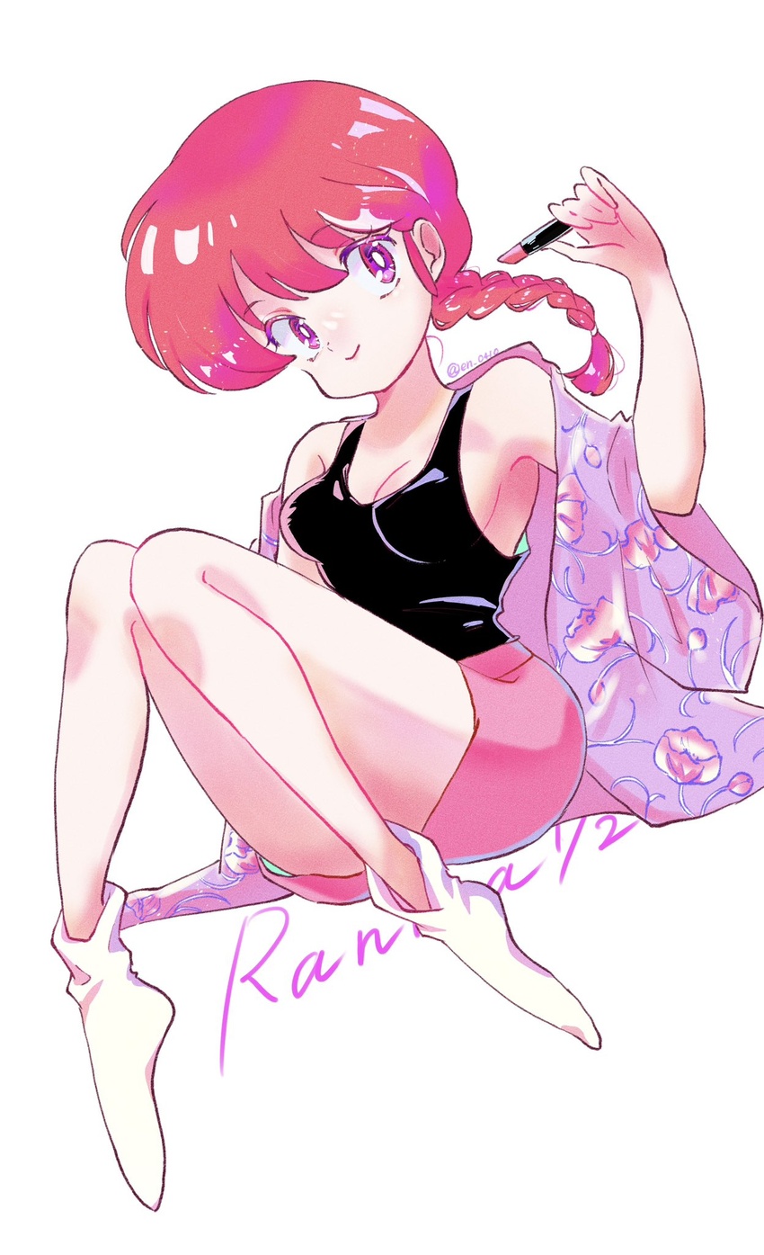 bare_shoulders black_shirt braid breasts cleavage cosmetics en_0410 female full_body hair_between_eyes highres holding holding_lipstick_tube jacket jacket_partially_removed knees_together_feet_apart lipstick_tube looking_at_viewer medium_breasts no_shoes ranma-chan ranma_1/2 red_eyes red_hair red_shorts shirt short_hair_with_long_locks shorts sideboob single_braid sitting sleeveless sleeveless_shirt smile socks solo twitter_username white_background white_socks