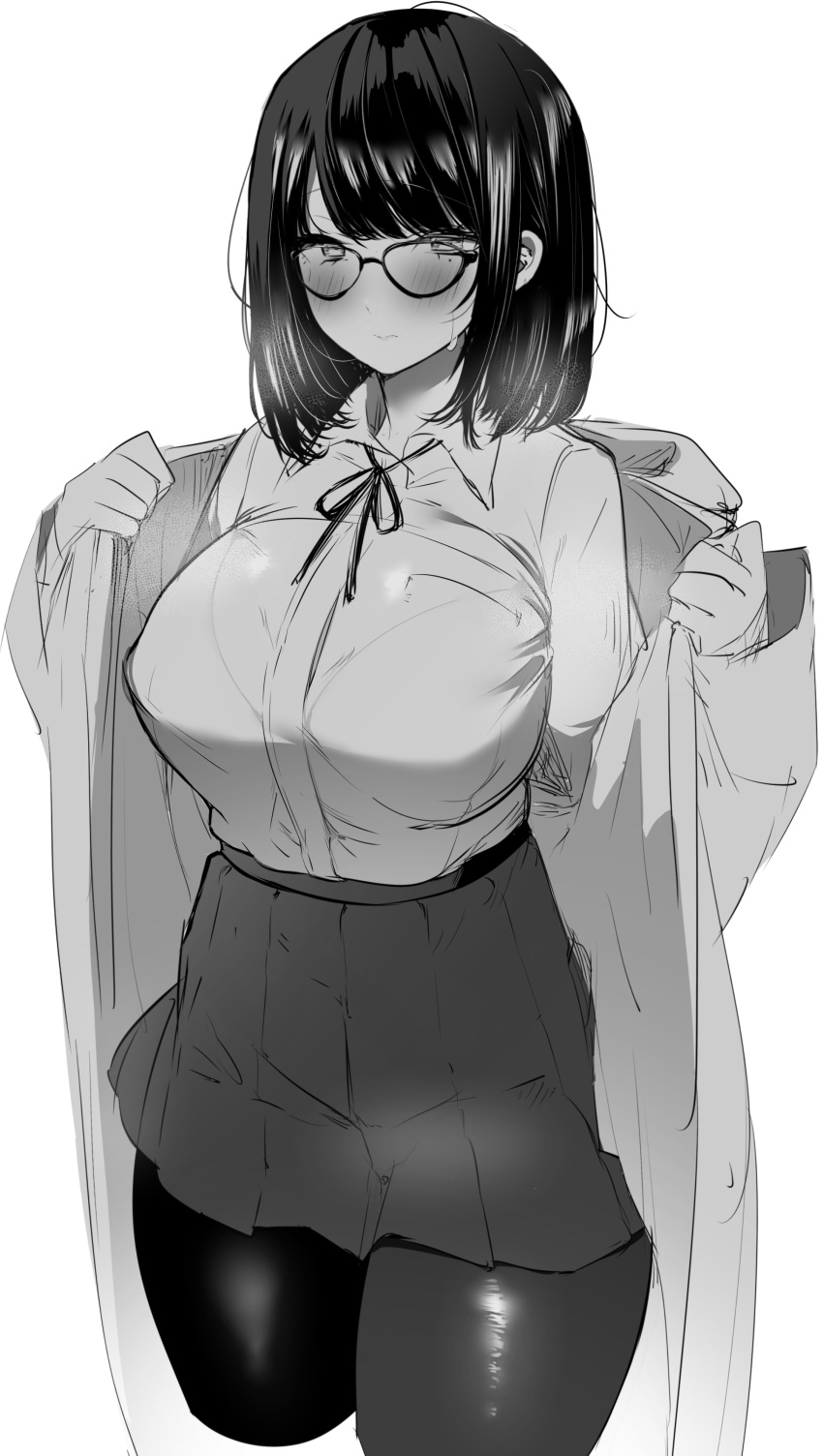 absurdres bad_id bad_twitter_id blush breasts collared_shirt dress_shirt female glasses greyscale high-waist_skirt highres jacket large_breasts long_sleeves looking_at_viewer mitsudoue mole mole_under_eye monochrome open_clothes open_jacket original pantyhose shirt shirt_tucked_in short_hair skirt solo thighs