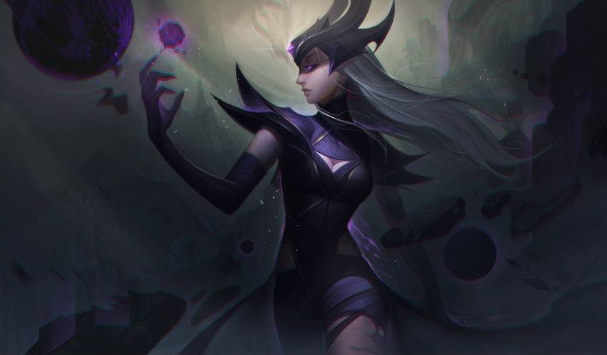 absurdres armor breasts cleavage elbow_gloves energy_ball female forehead_protector gloves glowing glowing_eye gradient_background grey_hair hand_up helmet highres large_breasts league_of_legends long_hair parted_lips pauldrons profile purple_eyes shorts shoulder_armor smile solo syndra vincent_t_(oriaarts)