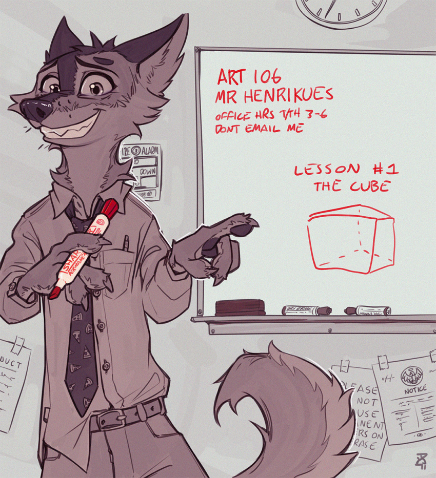 2021 4_fingers analog_clock anthro belt biped bottomwear canid canine canis cheek_tuft classroom claws clock clothed clothing collared_shirt course_number coyote detailed_background english_honorific english_text facial_tuft fingerpads fingers fire_alarm fluffy fluffy_tail gesture hand_gesture hashtag head_tuft holding_marker holding_object holding_writing_utensil honorific information_board inside lesson_number looking_at_viewer male mammal marker message moses_(samur_shalem) neck_tuft necktie note number pants pawpads pointing samur_shalem school sign signature smile solo standing subject_number tail teacher teeth text tuft untucked_shirt wall_clock whiteboard writing_utensil