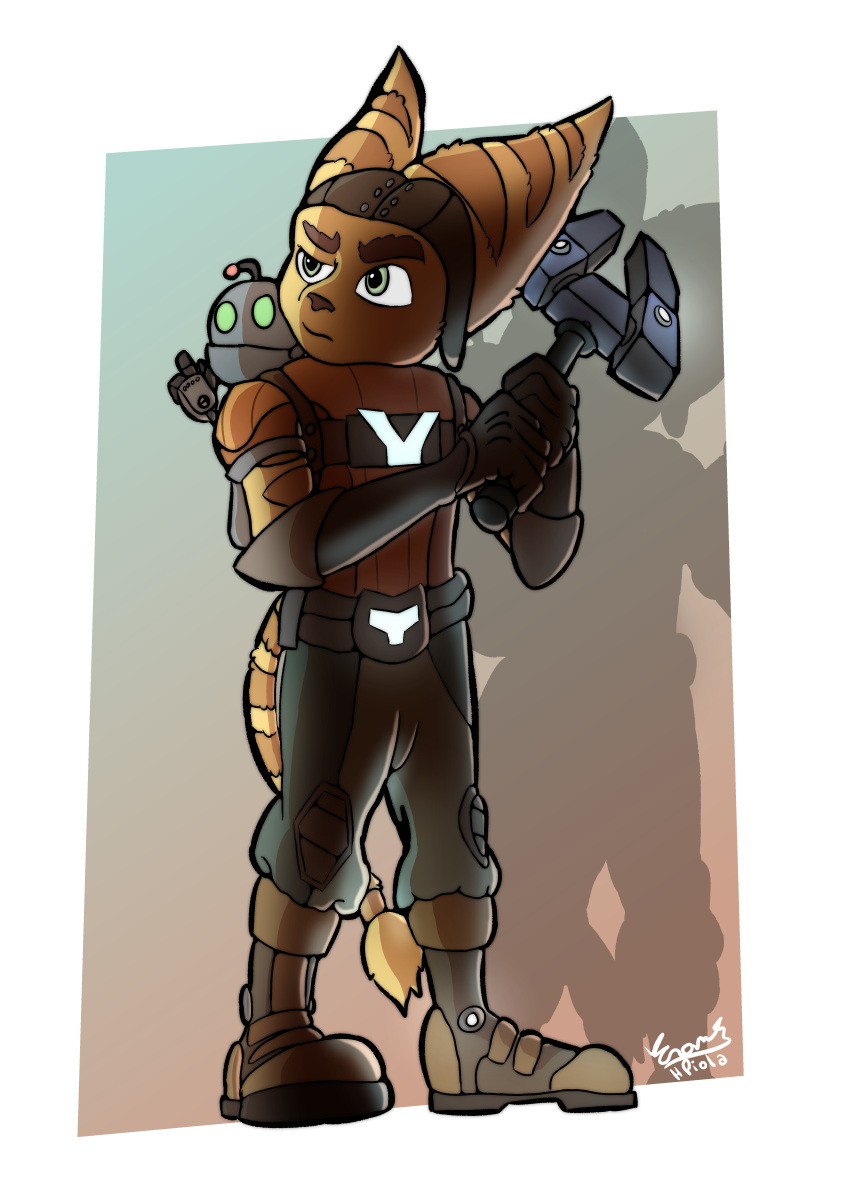 2023 absurd_res anthro biped brown_nose clank_(ratchet_and_clank) clothed clothing digital_media_(artwork) duo eyebrows full-length_portrait fully_clothed fur green_eyes hi_res hpiola lombax machine male mammal portrait ratchet_(ratchet_and_clank) ratchet_and_clank robot shadow signature sony_corporation sony_interactive_entertainment standing striped_body striped_fur stripes tail yellow_body yellow_fur