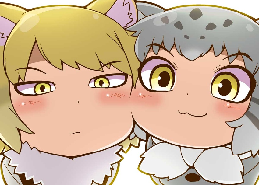 2girls :3 animal_ear_fluff animal_ears blonde_hair cat_ears cat_girl cheek-to-cheek chibi closed_mouth commentary fox_ears fox_girl fur_collar fur_scarf gerotan grey_hair heads_together kemono_friends looking_at_viewer medium_hair multicolored_hair multiple_girls pallas's_cat_(kemono_friends) parted_bangs portrait scarf smile tibetan_fox_(kemono_friends) yellow_eyes