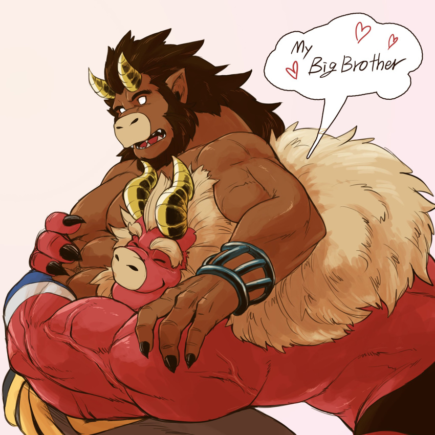 2boys abs bara beard biceps black_nails blank_eyes body_fur brothers clothes_around_waist colored_skin curled_horns dark-skinned_male dark_skin demon_boy demon_horns english_text facial_hair fewer_digits from_side furry furry_male gardie_(otsukimi) happy highres horns hug hug_from_behind huge_eyebrows infel_(otsukimi) jewelry large_hands large_pectorals lion_hair long_hair male_focus mature_male multiple_boys muscular muscular_male necklace nipples original otsukimi pectorals red_skin siblings surprise_hug thick_eyebrows topless_male