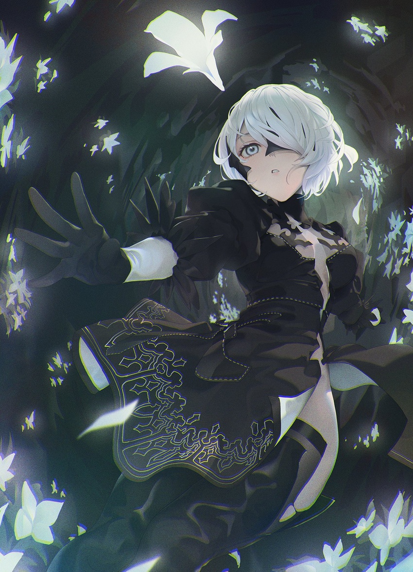 2b_(nier:automata) black_dress black_footwear black_gloves black_thighhighs blindfold blue_eyes boots breasts dress female flower gloves highres medium_breasts nier:automata nier_(series) one_eye_covered parted_lips reaching reaching_towards_viewer short_hair solo thigh_boots thighhighs torn_clothes white_flower white_hair wonchun