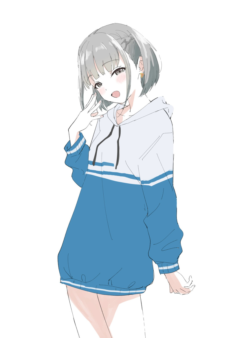 :d absurdres blue_hoodie blush earrings female grey_eyes grey_hair highres hood hood_down hoodie idoly_pride jewelry kana_(idoly_pride) looking_at_viewer short_hair simple_background sincos smile solo standing white_background