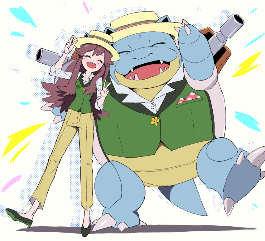 :d absurdres blastoise blastoise_(fashionable) blastoise_(fashionable)_(cosplay) blush brown_hair closed_eyes clothed_pokemon collared_shirt cosplay eyelashes facing_viewer female green_footwear green_vest hair_flaps hat high_heels highres leaf_(pokemon) long_hair matching_outfits mikanbako_(aitatadon3) open_mouth pants pokemon pokemon_(creature) pokemon_frlg pokemon_unite shirt sidelocks sleeves_rolled_up smile standing teeth upper_teeth_only vest w white_shirt yellow_headwear yellow_pants