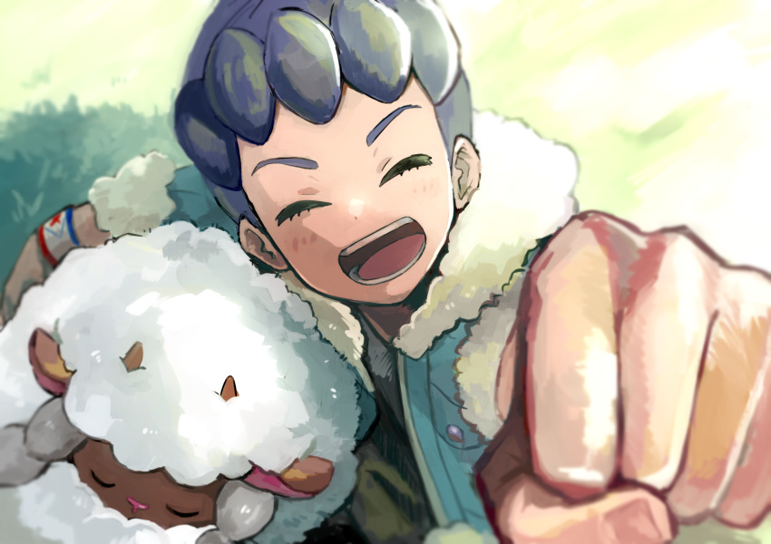 1boy :d black_shirt blue_jacket blurry blush clenched_hand closed_eyes commentary_request dark-skinned_male dark_skin day dynamax_band eyelashes fur-trimmed_jacket fur_trim grass highres hop_(pokemon) jacket male_focus mikanbako_(aitatadon3) open_clothes open_jacket open_mouth outdoors pokemon pokemon_(creature) pokemon_swsh shirt short_hair smile teeth tongue wooloo