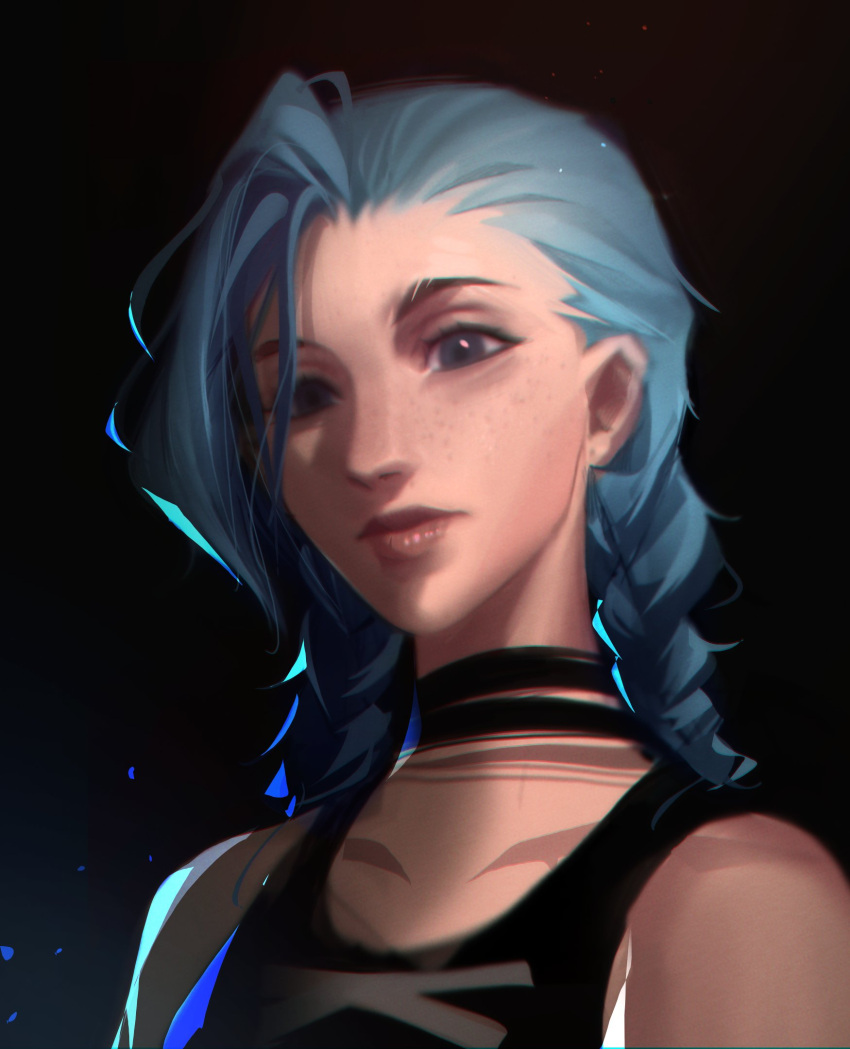 arcane:_league_of_legends arcane_jinx asymmetrical_bangs bare_shoulders black_background black_choker black_shirt blue_hair braid choker closed_mouth collarbone female freckles green_eyes highres jinx_(league_of_legends) league_of_legends long_hair looking_at_viewer shirt sleeveless solo tattoo twin_braids upper_body vincent_t_(oriaarts)